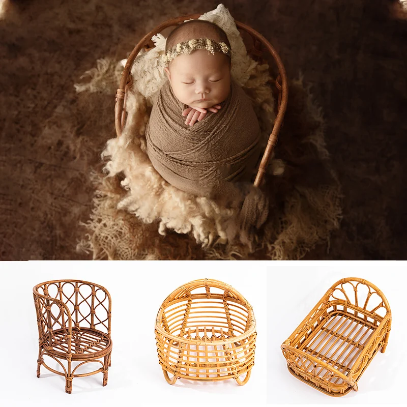 

Newborn Photography Props Retro Style Rattan Chair Bamboo Bed Baby Posing Basket Decoration Studio Background Photo Accessories