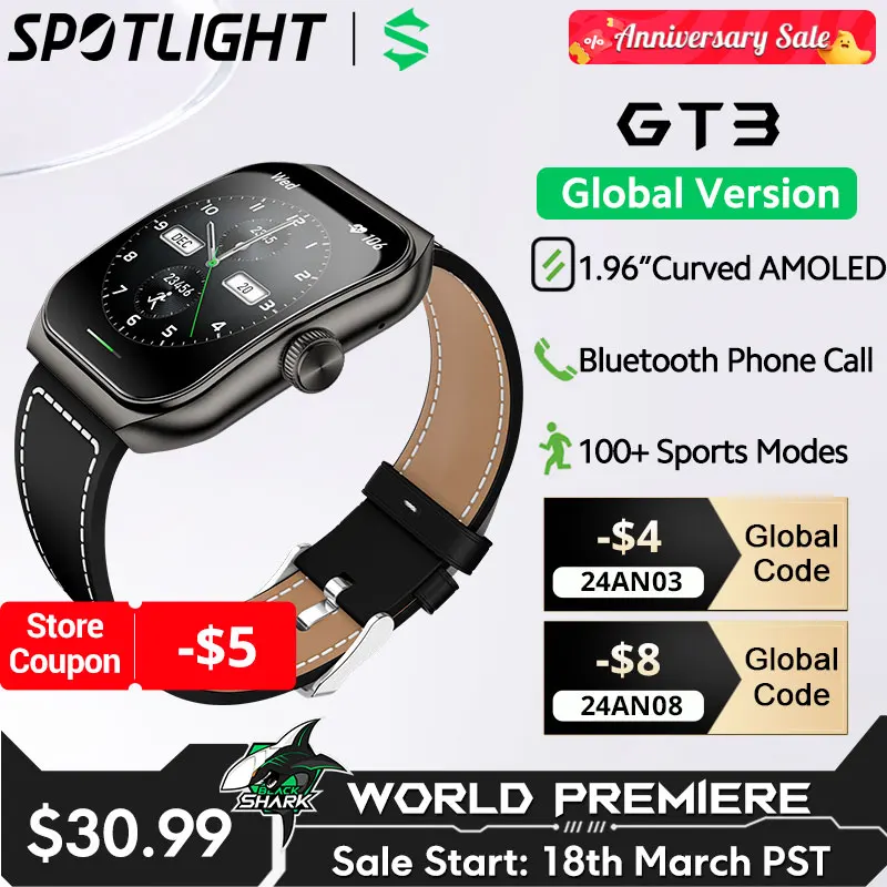Black Shark Watch GT3 Global Version 24H Health Monitoring 1.96'' Curved Display 10 Days Life 100+ Sport Modes IP68