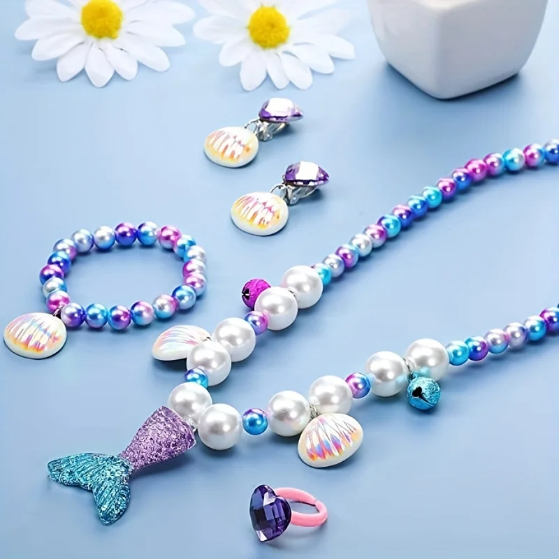 5Pcs Mermaid Jewelry Girl Dress up Toy Set Shell Necklace Bracelet Ring Earrings For Mermaid Party Costume sticker jewellery toy