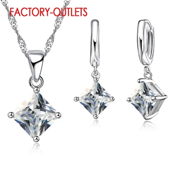 Genuine 925 Sterling Silver Bridal Jewelry Sets Fashion Jewelry Classic Square Cubic Zirconia Women Girls Engagement Anniversary