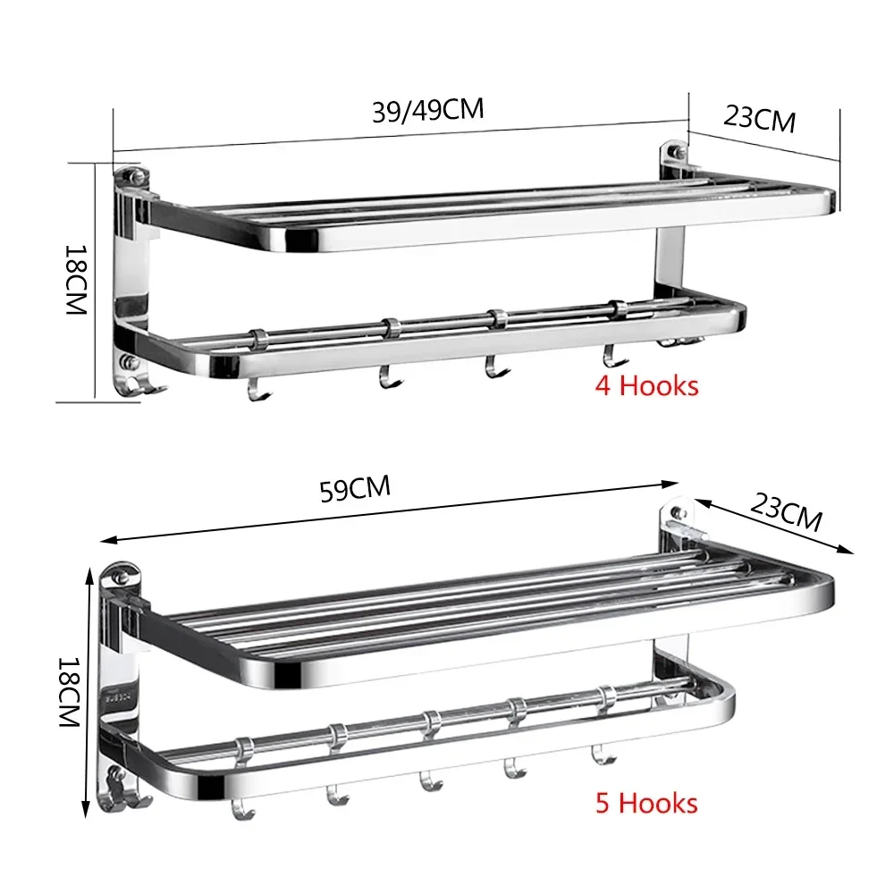 40-60CM Stainless Steel Towel Rack Moable Holder Hook Wall Mount Mirror Chrome Shelf Shower Rail Hanger Bar Bathroom Hardware Set