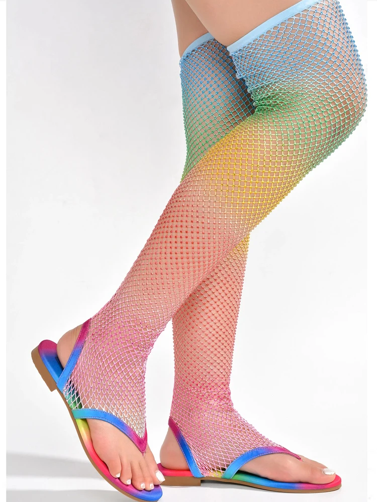 

2023 Summer Autumn Sexy Mesh Over The Knee Women Boots Pointed Toe High Heels Sock Booties Flat Sandals Party Shoes 44