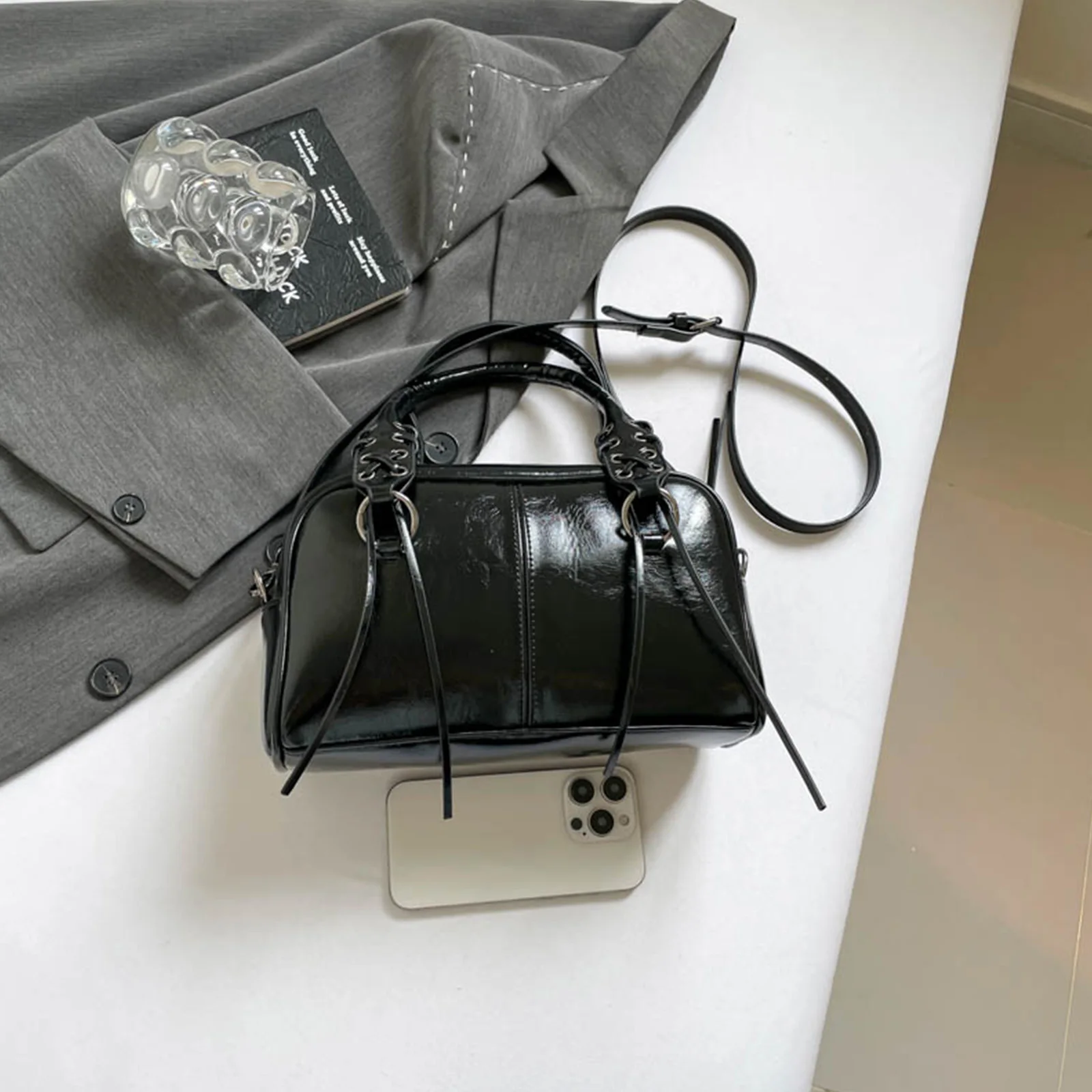 Women PU Tassels Top Handle Bag Grommet Eyelet Shoulder Bag Pillow Bag for Work Travel