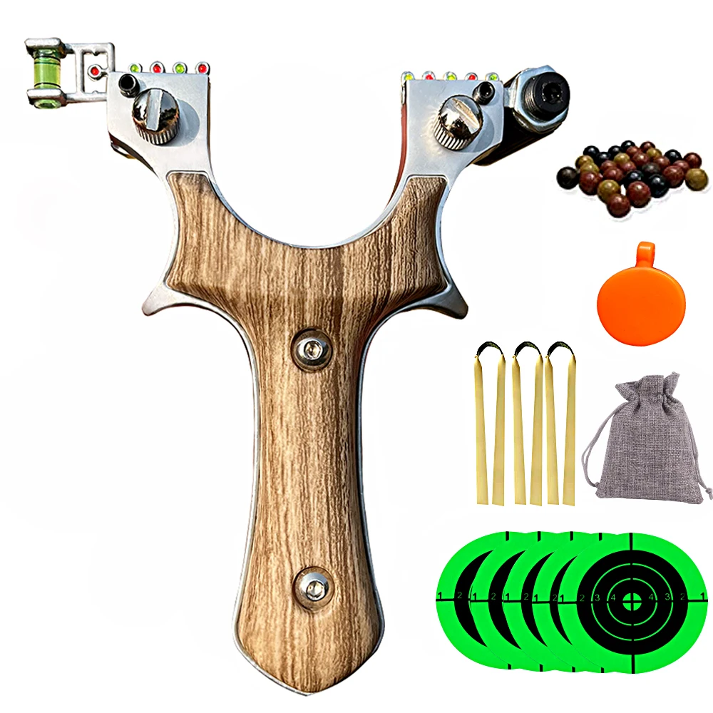 

Laser Hunting Flat Skin Quick Press Slingshot with Wood Patch Alloy Steel Metal Slingshot Shelf Outdoor Hunting Bow