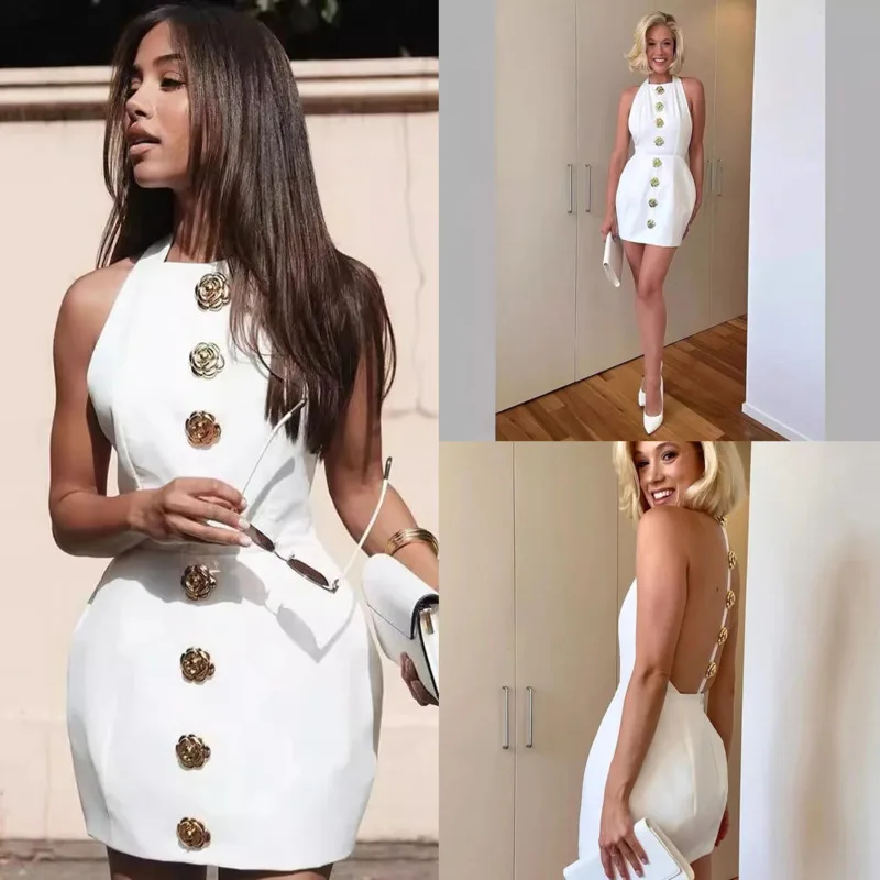 

Sexy Flower Button Women's Short Dress 2024 Summer Hanging Neck Solid Color Waist Wrapped Hip Dress Fashion Slim Fit Mini Dress