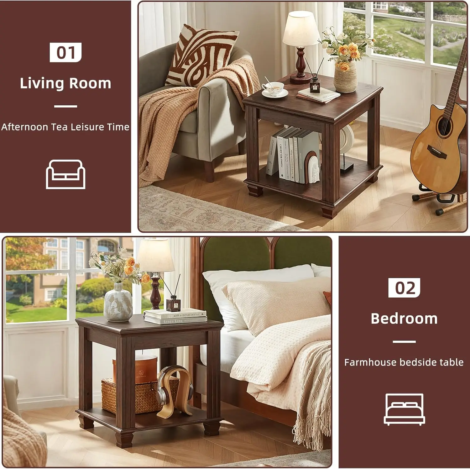 Farmhouse End Table,Large Side Table with 2-Tier Storage Shelf,Rustic Brown End Tables