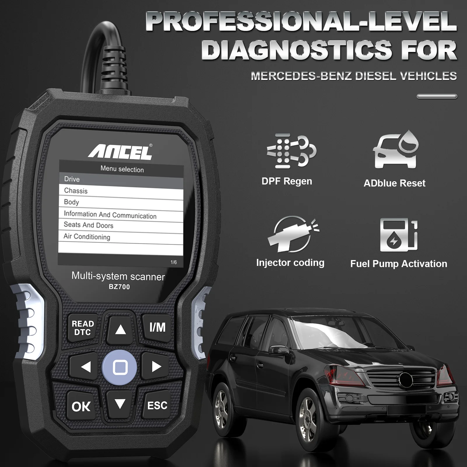 ANCEL 메르세데스 벤츠 스프린터 자동차 스캐너, BZ700 OBD2, 스마트 모든 시스템, ABS SRS SAS 오일 리셋, 디젤 자동차 진단 도구