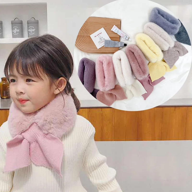 

Korean Winter Children Scarf Cute Cold-Proof Kids Neckerchief Solid Color Warm Plush Baby Boys Girls Knitted Bib Scarves