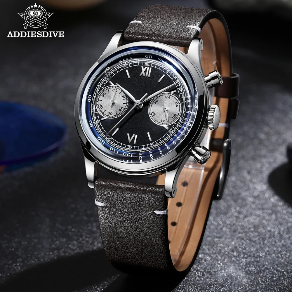 ADDIESDIVE Fashion VK64 Quartz Watch 38mm Men's Retro Leather Chronograph Diving Business Male Wristwatches Reloj Hombre AD2037