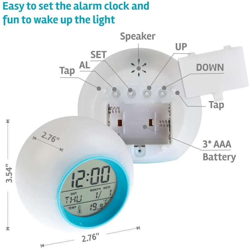 LED Night Light 7 Color Night Light Alarm Clock Children\'s Bedside Cute Night Light Snooze Temperature Wake Up Timer Alarm Clock