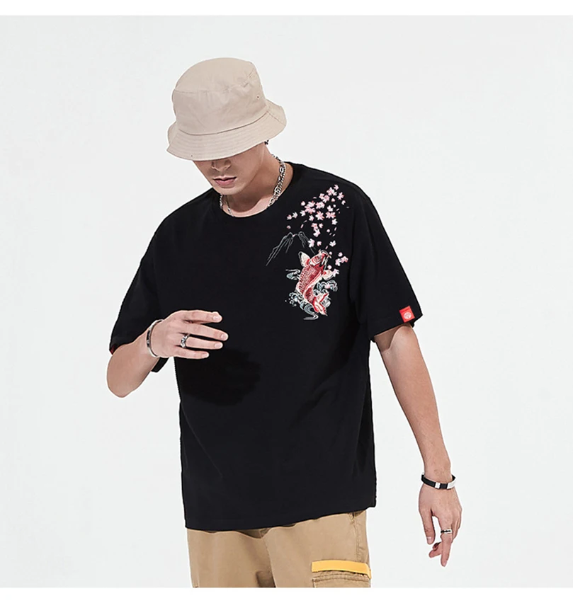 Herren Brokat Karpfen-Stickerei Kurzarm-T-Shirt Sommer Marken-Baumwolle Übergroßes T-Shirt Männliches Oberteil Kleidung 2024 Z1A1 – Detail 6