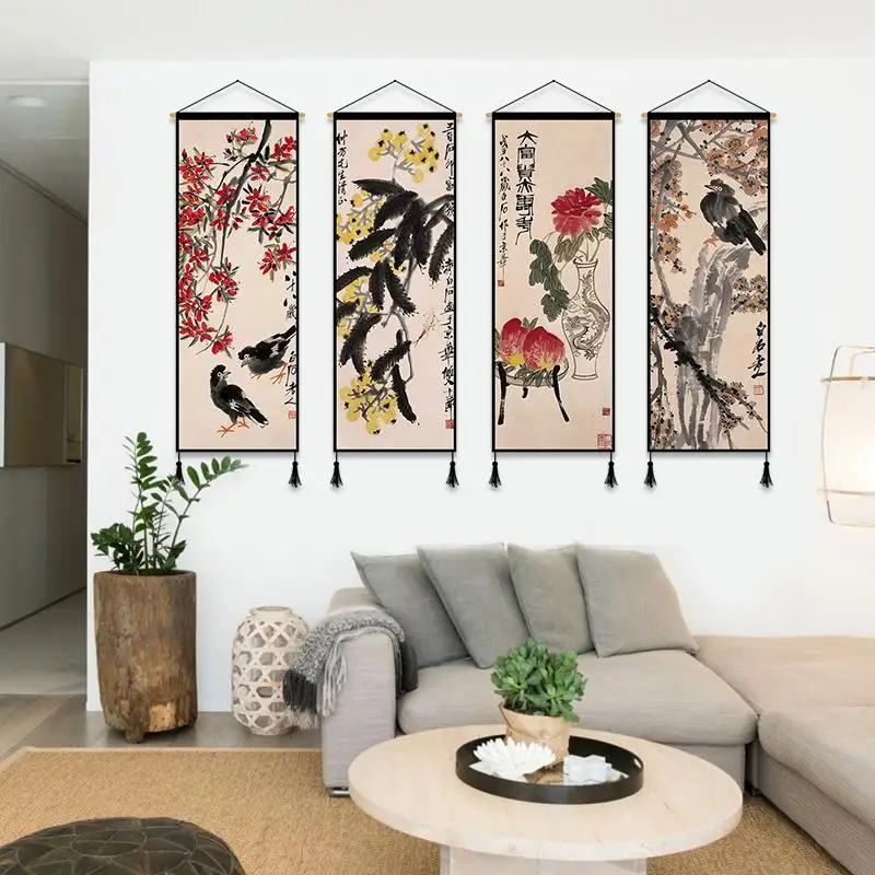 

Chinese Style Flower Birds Scroll Wall Paintings Home Decoration Wall Art Hanging Tapestry Vintage Room Decor Aesthetic Poster