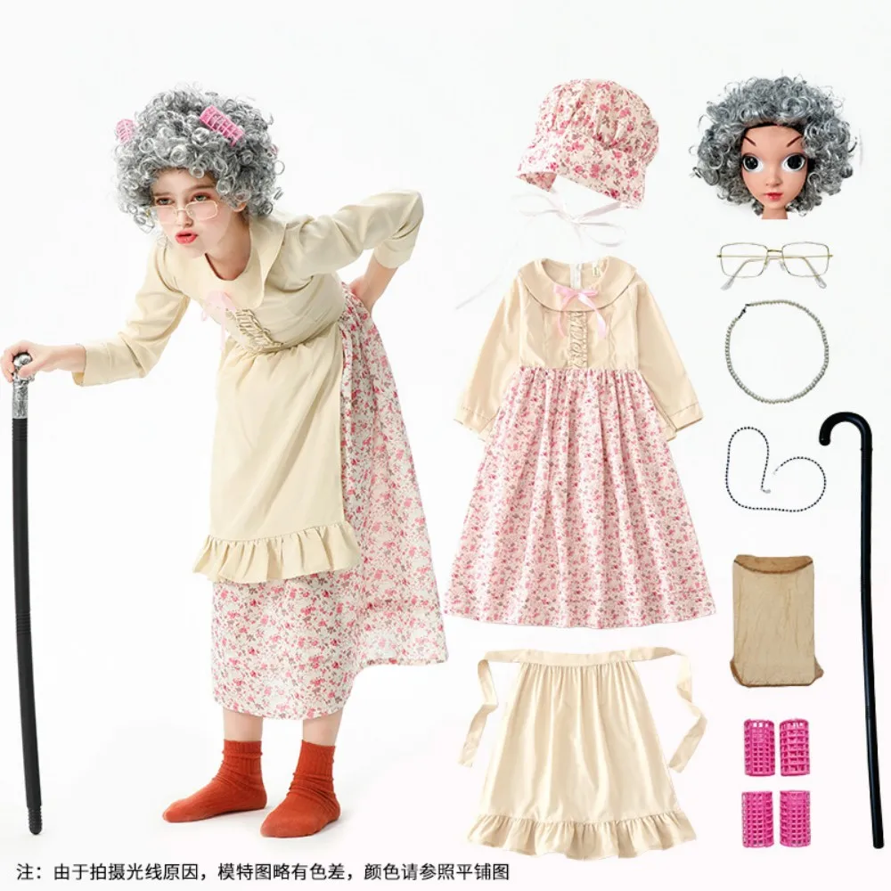 Cosplay Costume Halloween Great grandma cosplay older dress performance costume Kid Halloween with wig glasses
