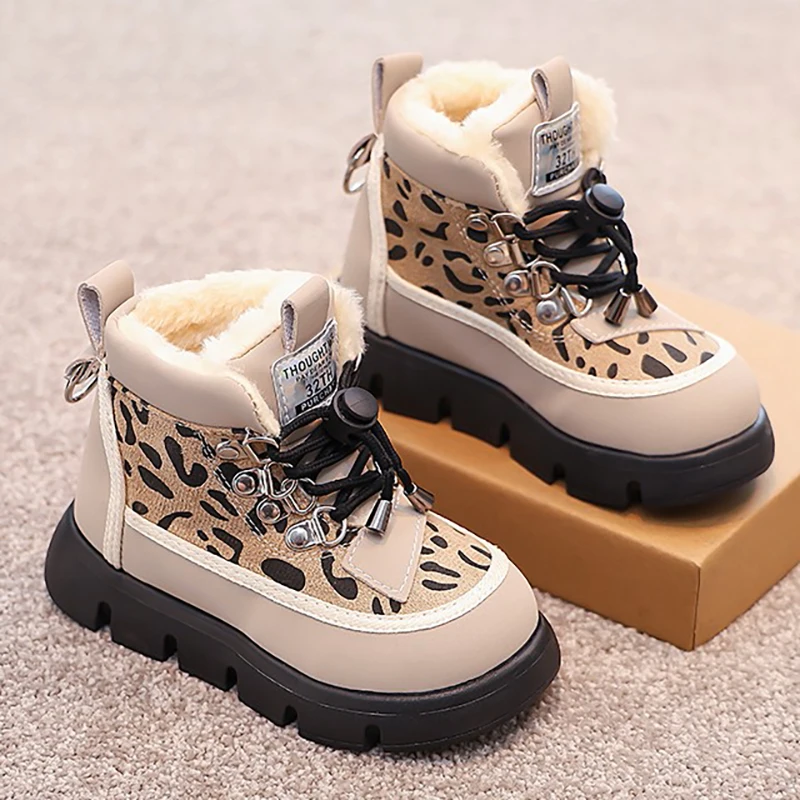 Leopard Fashion Snow Boots For Children Thick Warm Teenager Kid's Plush Boots Trend Fashion Boy's Girl's Warm Ankle Boots