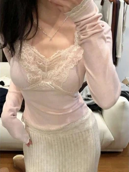 Pink V-neck Lace Edge Spliced Base Shirt Women Autumn Winter Inner Wear Elegant Fit Tops Harajuku Sweet Bow Casual Soft Clothes 1