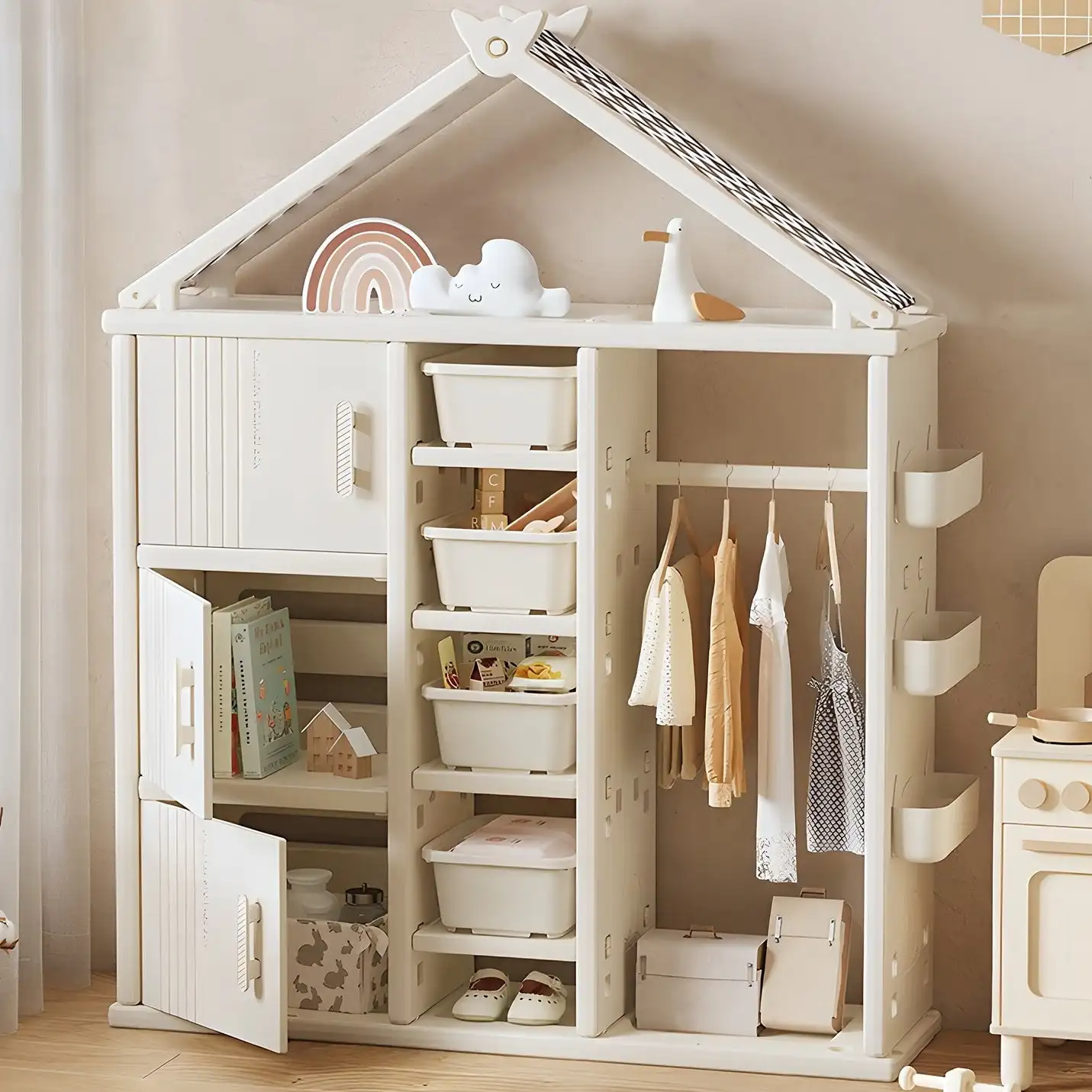 Kids Armoire for Dress-Up Costume Storage, Open Hanging Wardrobe, Baby Clothes Organizer Cabinet, Play Pretend Dresser Closet