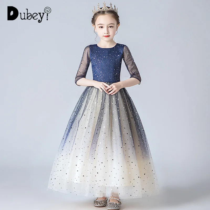 

Princess Girls Sequin Long Dress Royal Blue Sparkly Fluffy Dresses Teen Girls Tulle Half Sleeve Formal Gown for Flower Girl