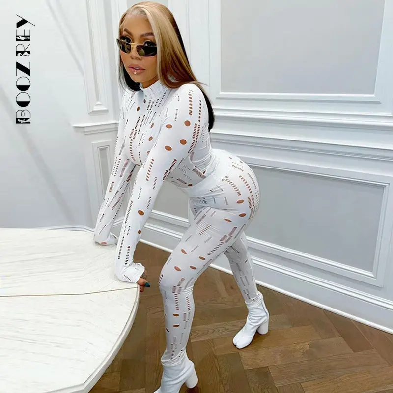 

BoozRey Two Piece Sets Women Outfits Sweatsuits for Tracksuit Women Long Sleeve Crop Top Black Pants Hollow Out Matching Sets