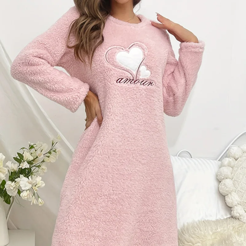 Heart Print Flannel Nightgown for Women Winter Women Long Sleeves Nightgowns Long Woman Sleepshirt Pullover Pajama Dress