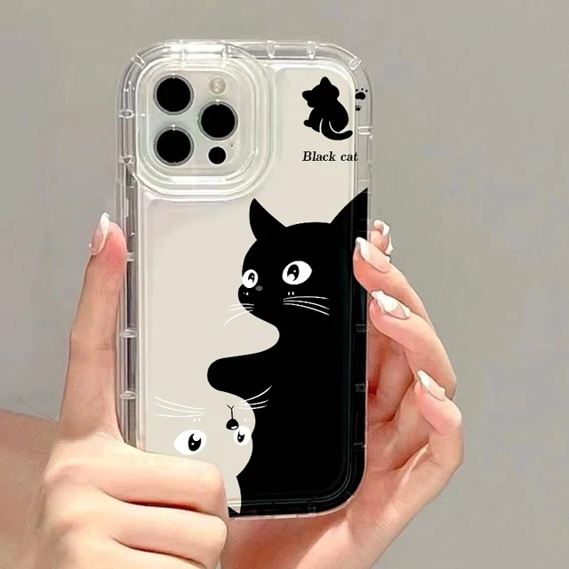 Transparent Phone Case with Cartoon Black Cat Design