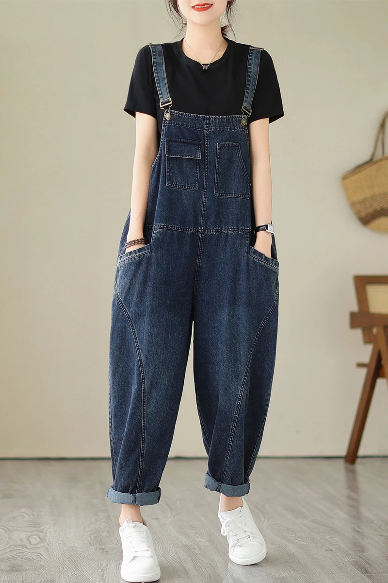 6223 ربيع الخريف موضة المرأة متعددة جيب البضائع الحمالة الإناث خمر المرقعة الأزرق وزرة الدنيم بذلة فضفاضة غير رسمية