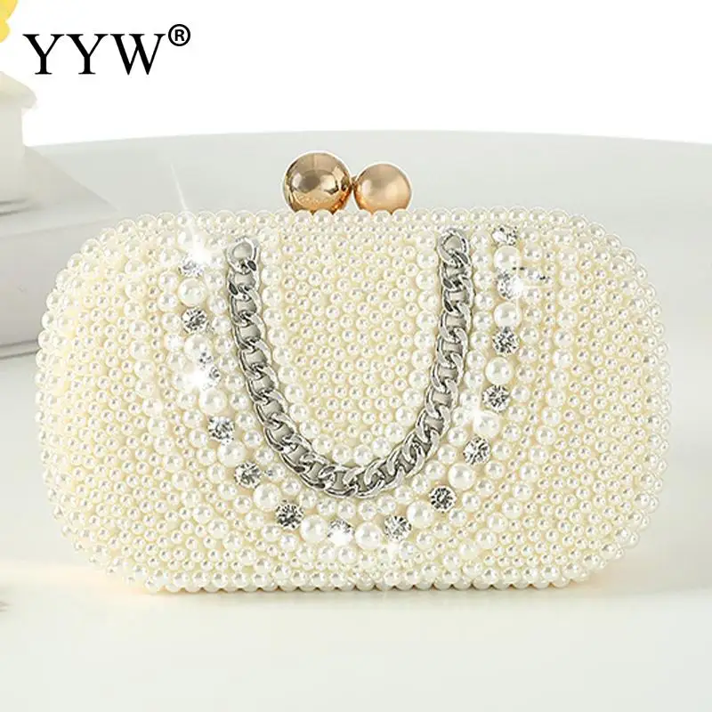 Elegant Plastic Pearl Women Evening Party Handbag Crystal Beading Bridal Wedding Party Bags Female Metal Chain Crossbody Purse