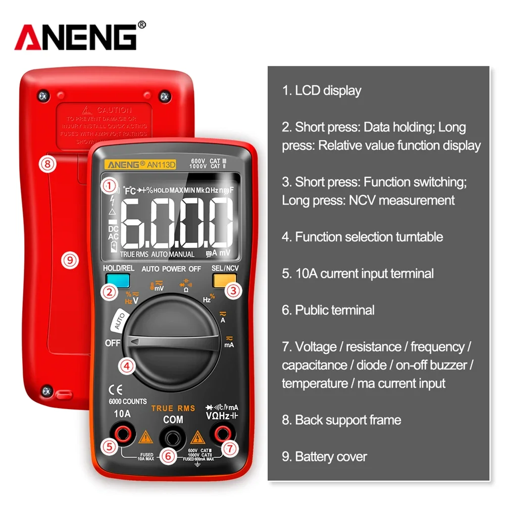 Digital Multimeter ANENG AN113D 6000 Counts True RMS AC/DC Current Voltage Temperature Electrical Detector Tester
