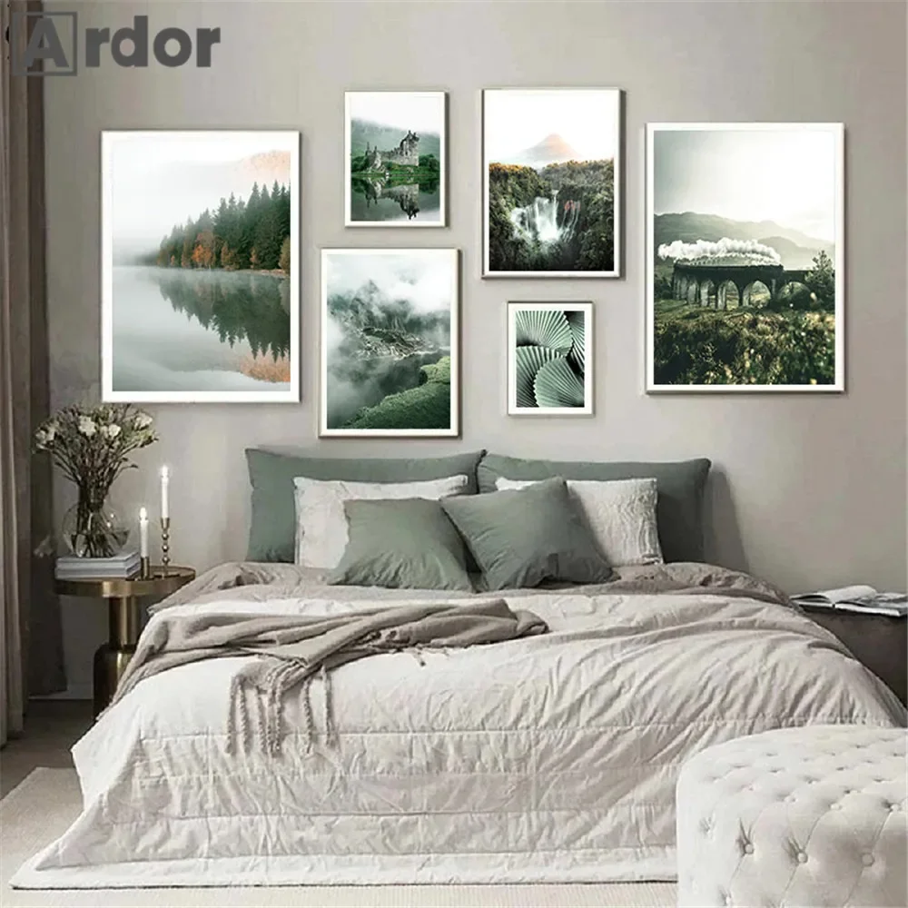 

Nature Waterfall Landscape Posters Canvas Painting Lake Print Pictures Forest Wall Art Mountain Poster Nordic Living Room Decor