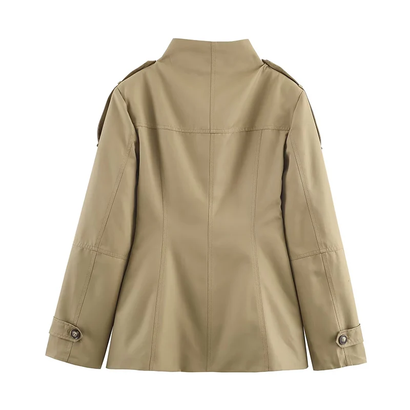Vintage Women's Khaki Stand Collar Jackets Slim Waist Single Breasted Pockets Full Sleeve Coats 2025 Autumn Lady Commute Outwear