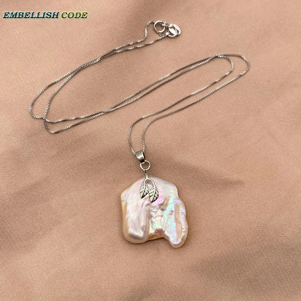 20mm-25mm Baroque Irregular Pearl Charming Pendant White Peach Flat Rectangle Box Chain 16'' 18inch
