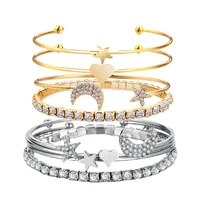 Luxury Fashion Moon Star Heart Charm Claw Chain Open Adjustable Expandable Cuff Wire Bangle Bracelet for Women Gift 4pcs Set
