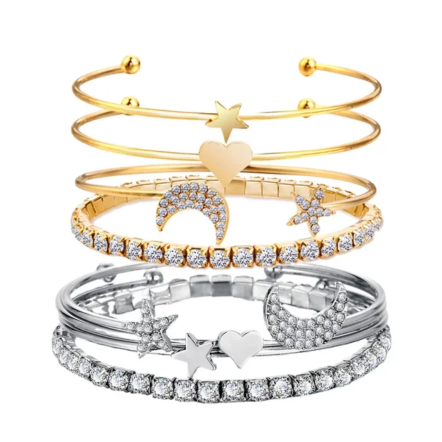 Luxury Fashion Moon Star Heart Charm Claw Chain Open Adjustable Expandable Cuff Wire Bangle Bracelet for Women Gift 4pcs Set