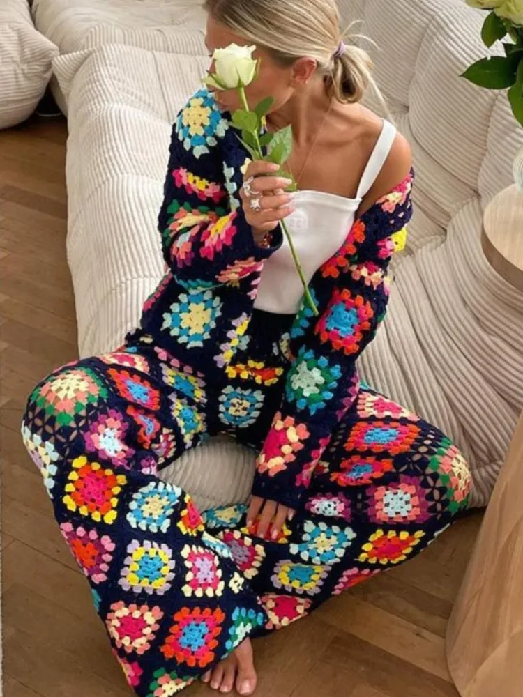 

2023 Autumn New Crochet Hollow Out 2 Piece Sets Women Fashion Long Sleeved Cardigan Suit High Waist Flared Pants Female Outfits