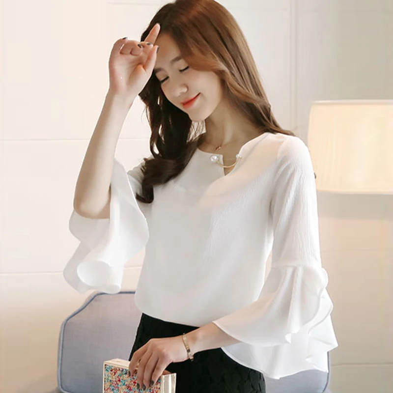 Seven-point Female Ruffled Sleeved Loose Shirt Chiffon Blouses 6