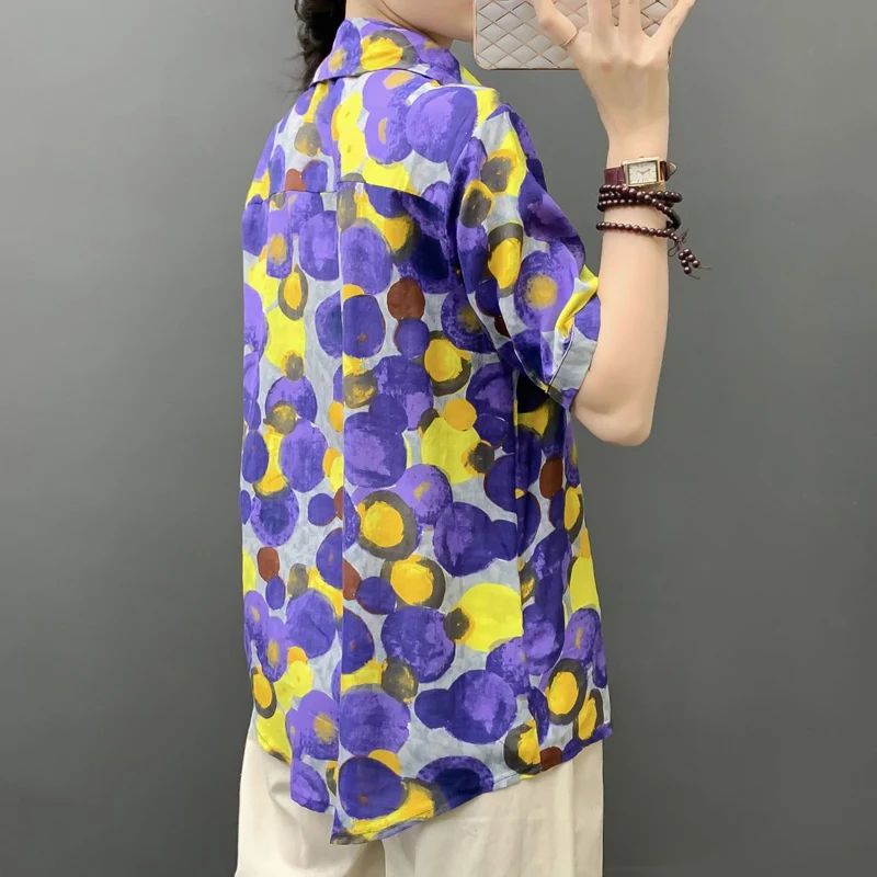 2023 Summer New Turn-down Collar Printing Short Sleeve Shirt Women Loose Casual Single Breasted Cardigan Ladies Cotton Hemp Tops