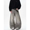 Retro Washed Distressed Grey Spray Inked Curved Knife Jeans Loose Fit Straight Leg Jeans for Men And Women Street Style