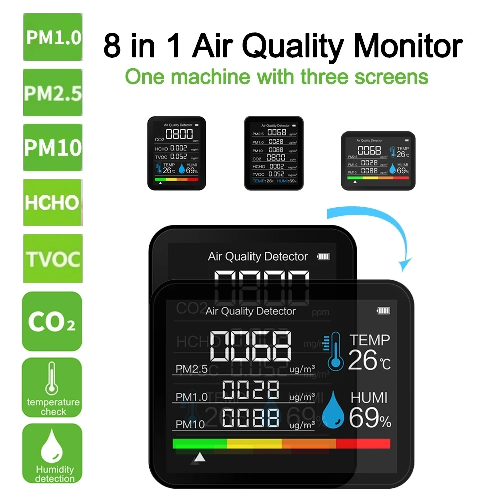 Multifunctional 8 in 1CO2 Meter Digital Temperature Humidity Tester Carbon Dioxide TVOC HCHO Detector Air Quality Monitor |