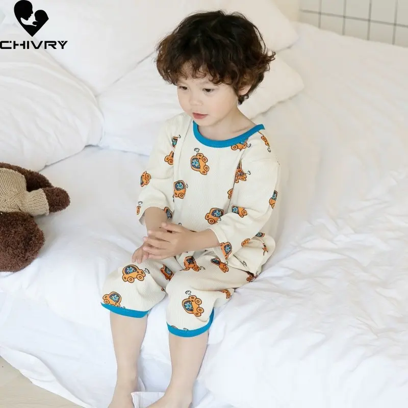 New Kids Boys Girls Summer Thin Pajamas Clothes Sets Cartoon Three-quarter Sleeve T-Shirt Tops with Pants Baby Boy Sleepwear