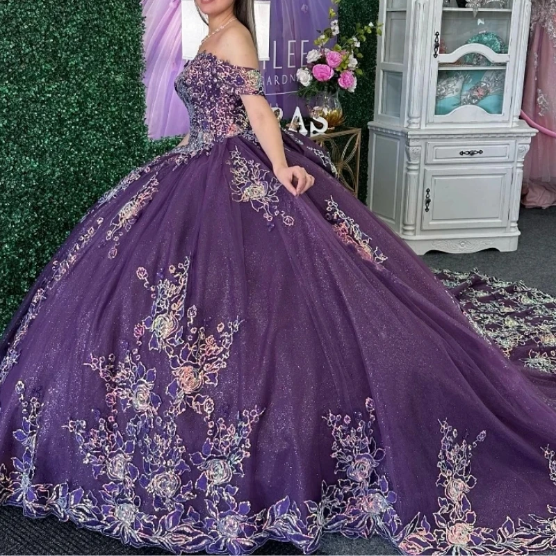 Purple Shiny Sweetheart Quinceanera Dresses Off the Shoulder Ball Gown Appliques Lace Flower Crystal Vestidos De 15 A&ntilde;os