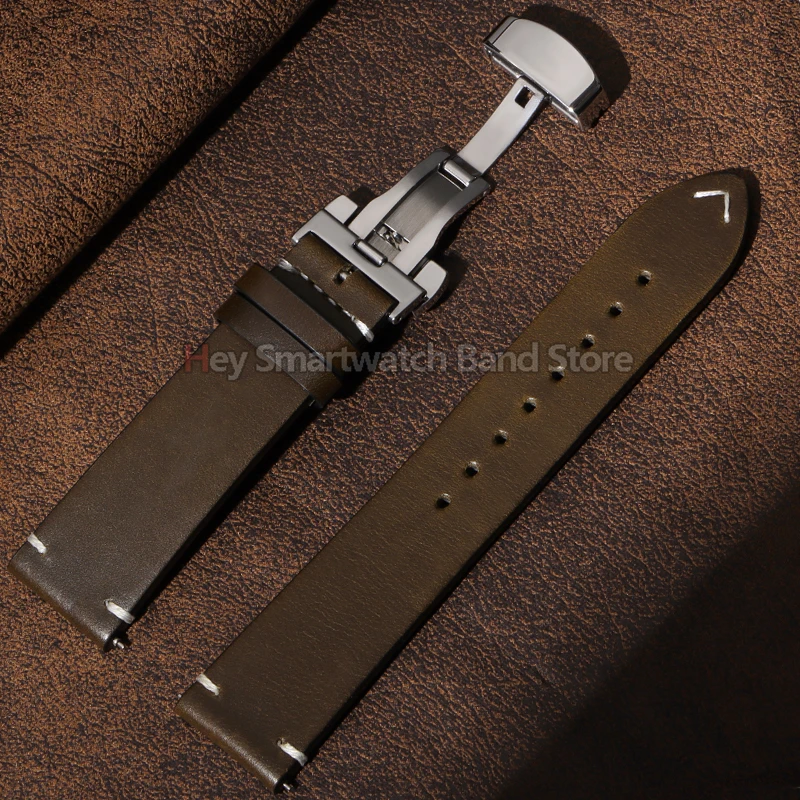 Handmade Retro Oil Wax Leather Watch Strap with Butterfly Buckle – Quick Release, Sporty Design