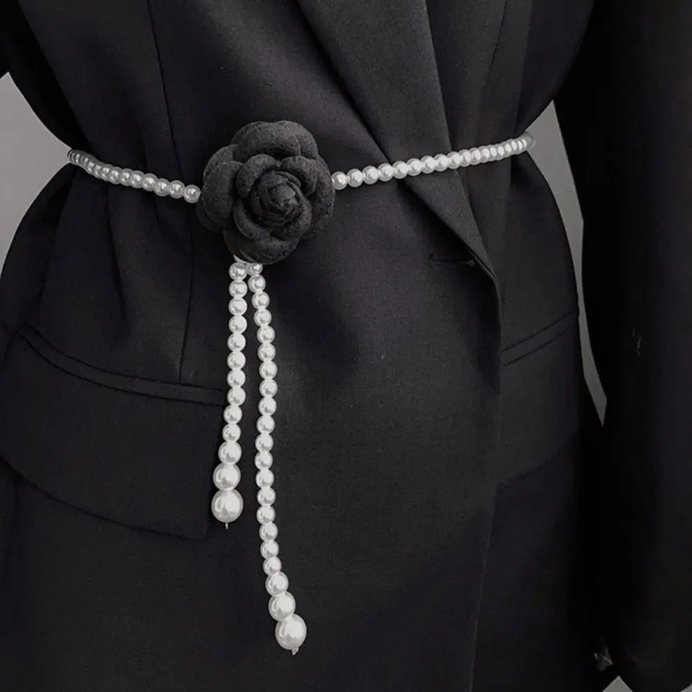 

Elegant Camellia Pearl Belt Women Casual Luxury Design Waist Chain Waist Strap