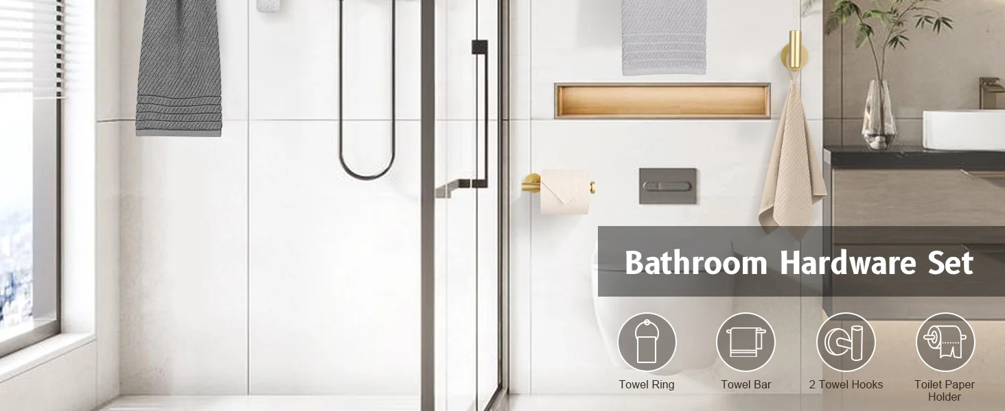 Description Picture 3 of itemBathroom Towel Holder Set, 5-Piece Towel Bar Set Brushed Gold Steel Wall Mounted Bathroom Hardware Accessories Stainless Steel