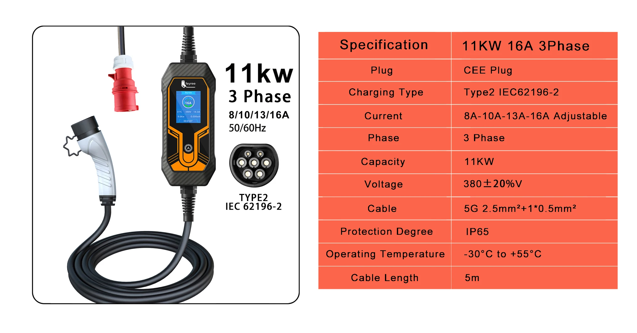 11KW 16A 3 Phase EV Portable Charger Type2 5M Cable EVSE Charging Box Electric Car Charger CEE Plug for Electric Vehicle 8 11KW 16A 3 Phase EV Portable Charger Type2 5M Cable EVSE Charging Box Electric Car Charger CEE Plug for Electric Vehicle 1