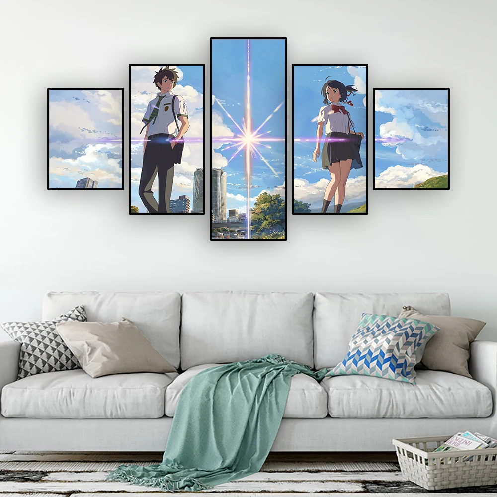 

Your Name Anime Poster Five-picture Combination Canvas Painting Living Room Wall Art Decorative Mural For Morden Home Decor Gift