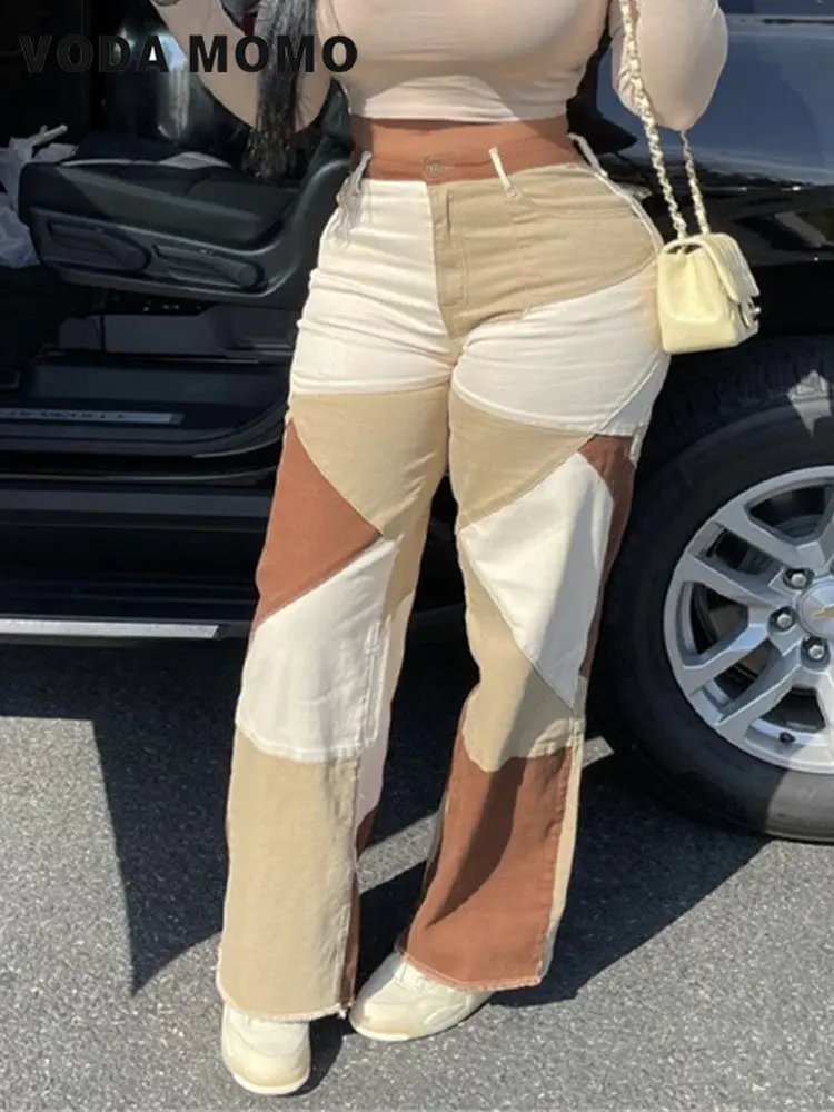 

Spring Fashion Streerwear Korean stytle JeansWomen Straight Pants Patchwork Denim Trousers Splice Color Contrast Tassel Pants