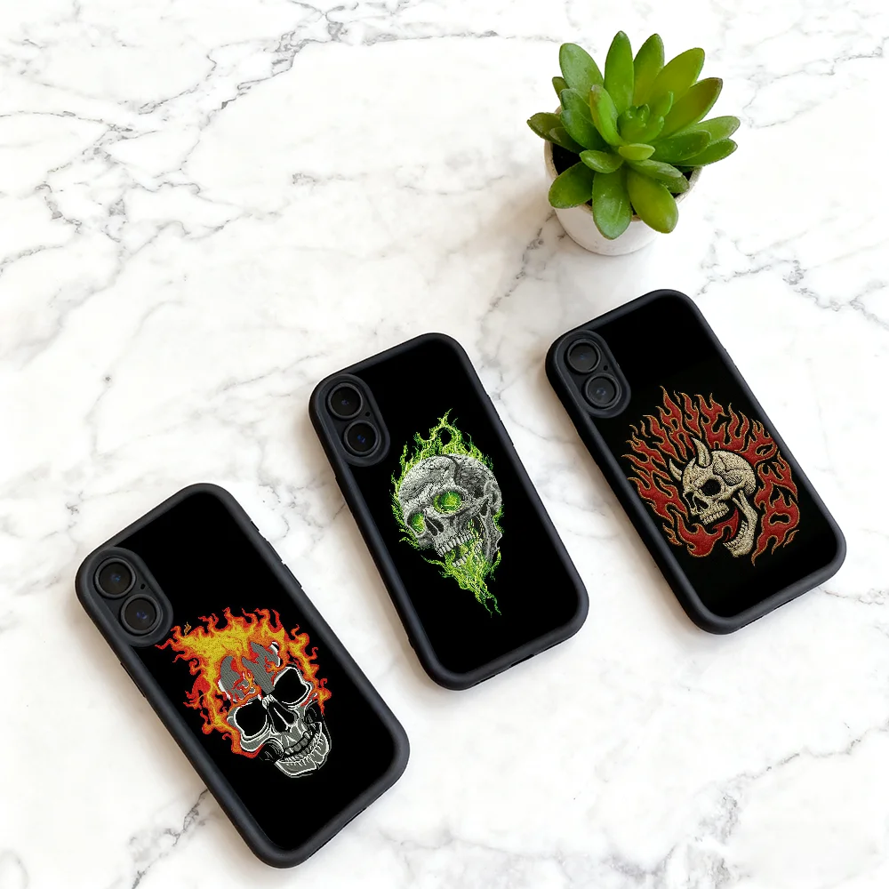 Skull Flame Embroidery Black Soft Shell Phone Case with Lens Protection