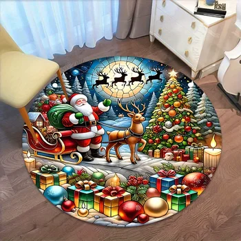 Santa Sleigh Christmas Round Rug, Red Green Gold Holiday Mat for Living Room Bedroom Decor, Festive Night Forest Design