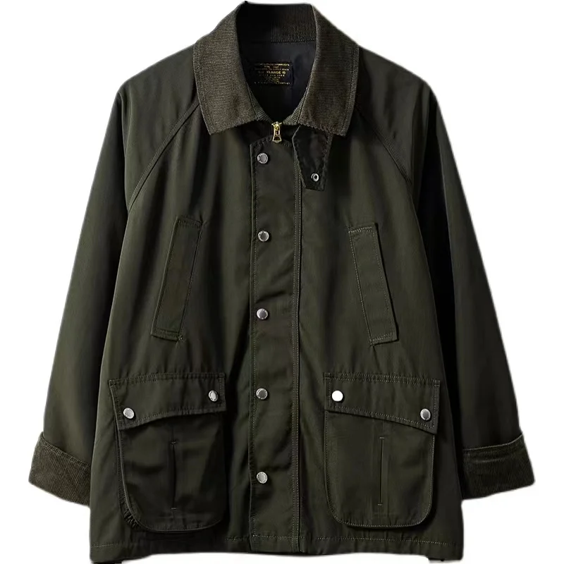 Men's Jacket Waxfree Corduroy Collar Windproof Loose Fit Military Safari Motorcycle Coat Spring