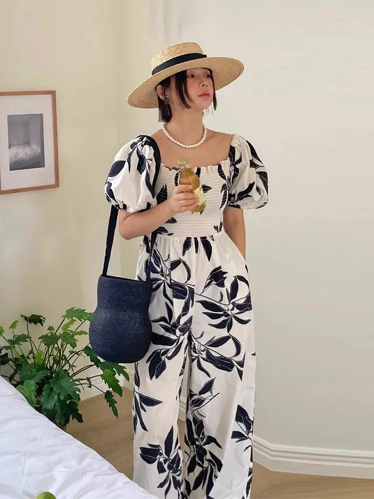 

French Haute Couture One Line Collar Floral Jumpsuit For Women'S Summer New High Waisted Slimming Casual Wide Leg Pants