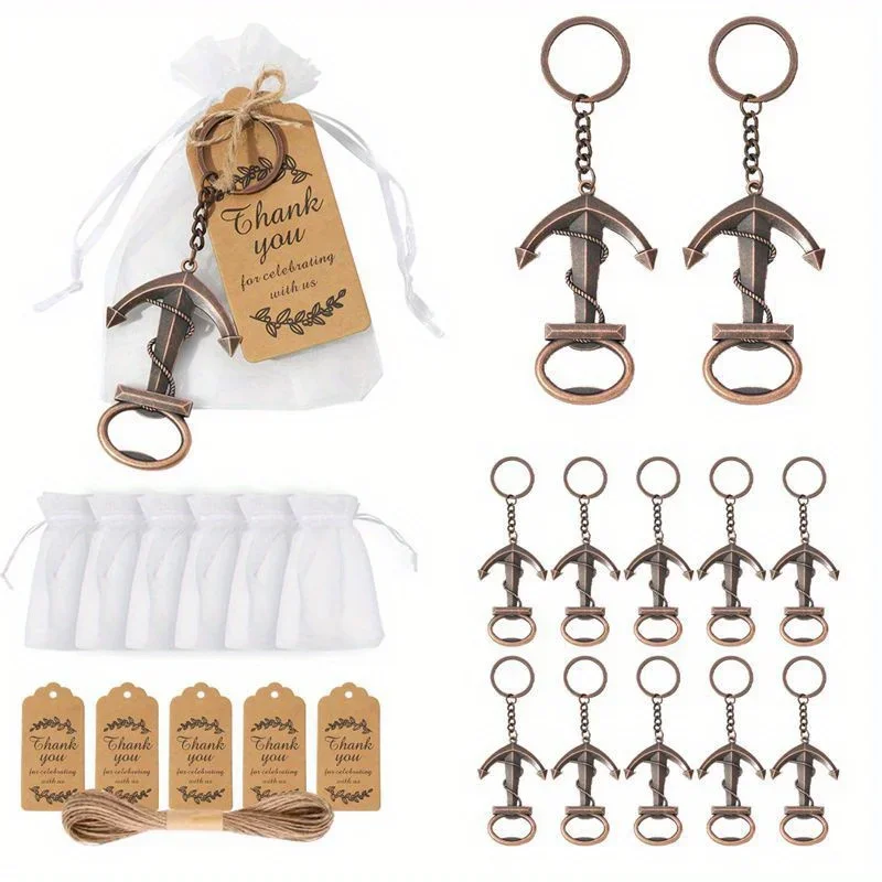 10pcs Baby Shower Bottle Opener Anchor Keychain Metal Beer Opener Organza Bags Tags Strings Baby Shower Party Souvenirs